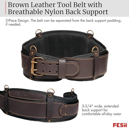 FESA Padded Leather Tool Belt with Back Support Have D-rings for Suspenders - color: Brown