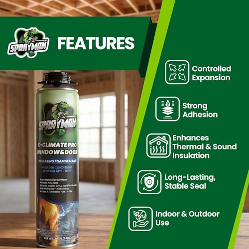 Sprayman X-Climate Pro Window&Door Expanding Foam Sealant (1x24oz) Professional Expansion Polyurethane Foam, High Heat Resistant, Waterproof Insulating Gap Filler, Gun&Cleaner Not Included - 1 Pack - size: 1 Pack, style: Pack