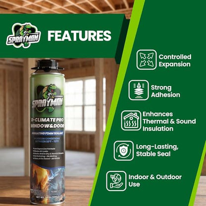 Sprayman X-Climate Pro Window&Door Expanding Foam Sealant (12x24oz) Professional Expansion Polyurethane Foam, High Heat Resistant, Waterproof Insulating Gap Filler, Gun&Cleaner Not Included - 12 Pack - size: 12 Pack, style: Pack