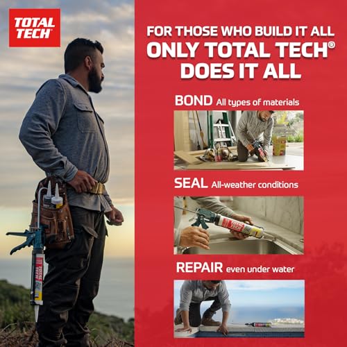 Total Tech, Clear, 9.8oz Cartridges, Heavy-Duty Construction Adhesive & Sealant Caulk, Flexible, All-Weather, Watertight, UV-Resistant, High Strength, Instant Grab, Ideal for Pools, Sinks, Bathtubs - color: Clear