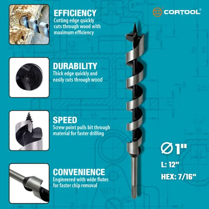 1 x 12 Inch Auger Drill Bit for Wood, Soft and Hard Wood Plastic with 7/16 Inch Hex Shank - style: 1" x 12"