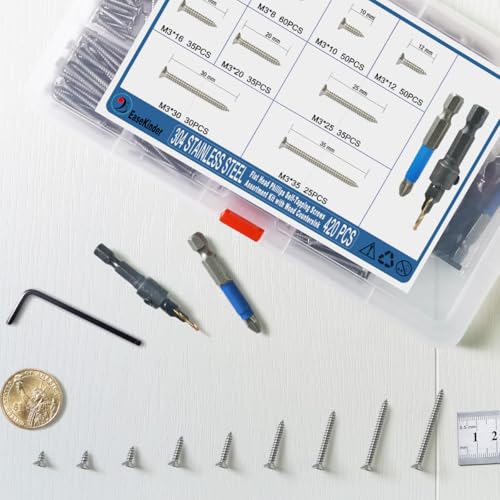 420PCS Wood Screws Assortment Kit, #4 Self Tapping Screw Set (9 Sizes) - size: SS304 M3