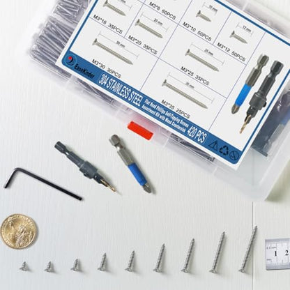 420PCS Wood Screws Assortment Kit, #4 Self Tapping Screw Set (9 Sizes) - size: SS304 M3