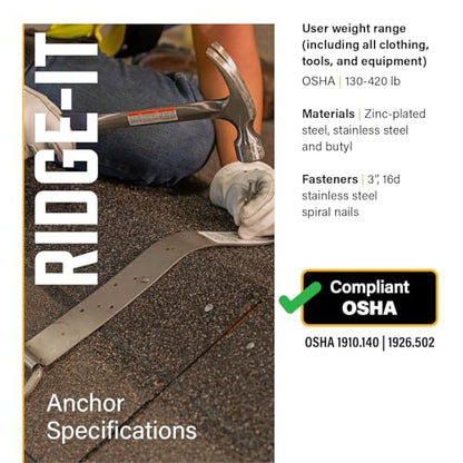 Guardian Fall Protection 00500 RIDG-1 Single D-Ring Roof Anchor with Nails 11-Inch in Length and 1 D-ring, 9¾" - size: 9¾", style: Single D-Ring
