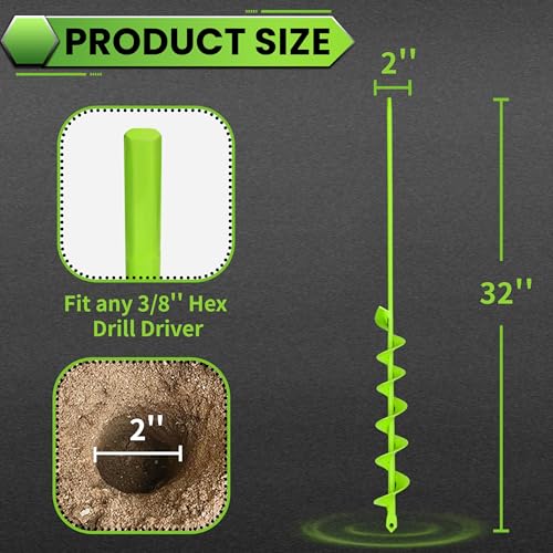Auger Drill Bit for Planting - 2" X 32" Heavy-Duty Garden Auger Spiral Drill Bit - Bulb Planter Tool - 3/8" Hex Drive Drill - size: 2"x32"-Green