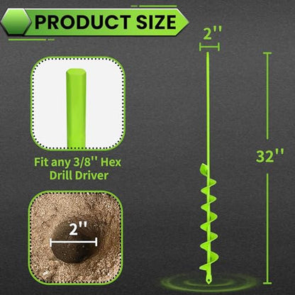 Auger Drill Bit for Planting - 2" X 32" Heavy-Duty Garden Auger Spiral Drill Bit - Bulb Planter Tool - 3/8" Hex Drive Drill - size: 2"x32"-Green