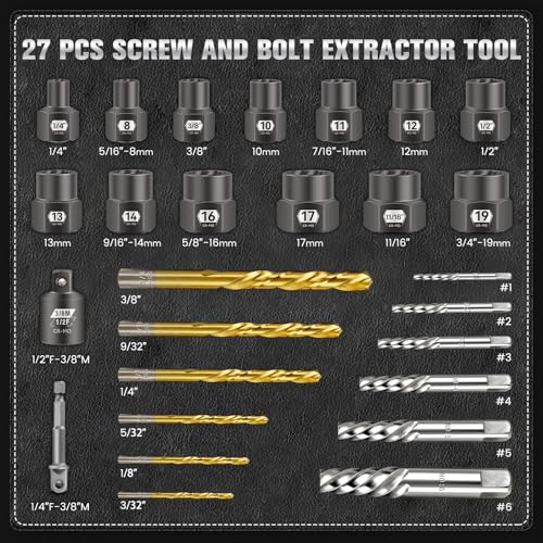 27-Piece Bolt Extractor kit, Easy Out Screw Extractor Set with Left Hand Cobalt Drill Bits, Hex Adapter, 1/2" F to 3/8" M Reducer for Broken, Damaged, Rusted, Rounded-Off Bolts, Nuts
