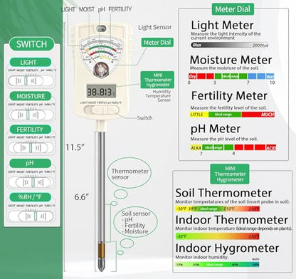 Soil Test Kit, 7-in-1 Soil Moisture Meter, Dual Screen Soil Tester, Moisture/pH/Temperature/Sunlight/Air Humidity/Fertility, Perfect for Farming, Gardening, Lawns, Outdoor-Lvory White