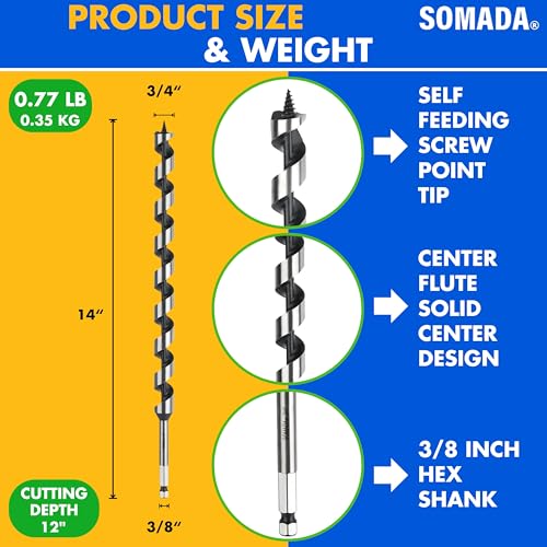 SOMADA 3/4" x 14" Auger Drill Bit for Wood, Ship Auger Hex Shank - size: 3/4"x14" Silver