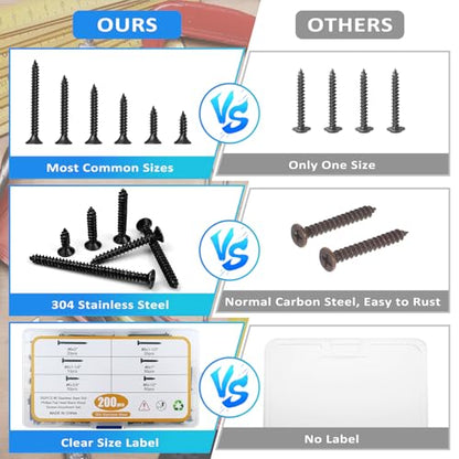 200PCS #8 Black Wood Screws Assortment Kit, 304 Stainless Steel Screws, Drive Sheet Metal Self Tapping Screws with Screwdriver Bit, 6 Sizes (2”,1-1/2”,1-1/4”,1”,3/4”,1/2”) - style: Black #8 Flat Head Set 200PCS