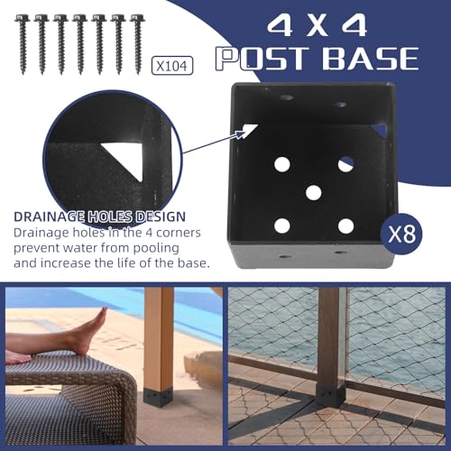 4 x 4 Post Base, Inner Size 3.6"x3.6", Heavy Duty Deck Post Anchor, Black Steel Brackets with Black Metal Coated and Screws for Deck Railing Pergola Brackets Fence (4" x 4" Post Base, 8 Pack) - size: 8 Pack