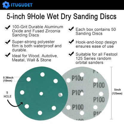 5 Inch 9 Hole Wet Dry P100 Grit Sanding Discs - 50 Pack Box - size: 100 Grit