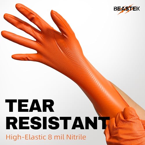 BEASTEK Nitrile Disposable Gloves, 8Mil Latex & Powder Free Chemical Resistant Heavy Duty Cooking Diamond Glove Orange 50 Pcs - color: Large (Orange)