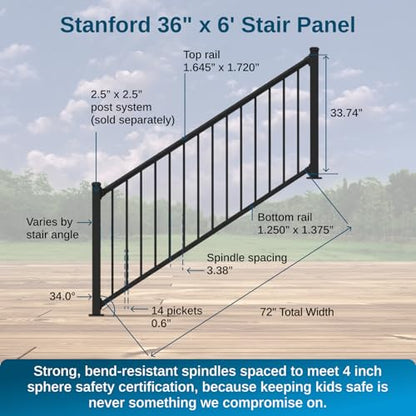 Weatherables 36 in. H x 6 ft. W Stanford Stair Railing Kit – Aluminum Porch & Deck Railing Kit with Black Powder-Coated Finish, Adjustable Outdoor Hand Rail Kit - size: 36 in. Height, style: 6 ft. Stair