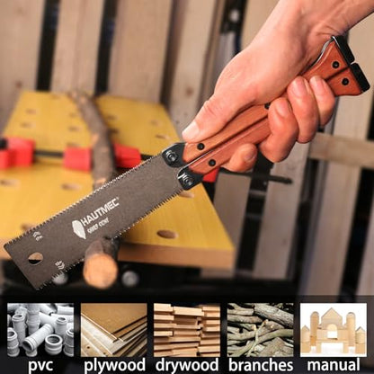 HAUTMEC Folding Japanese Pull Saw, 6-Inch Double-Edged Hand Saw with SK5 Blade (12/17 TPI), Beech Wood Handle & Storage Pouch – Compact Flush Cut Handsaw for Woodworking & Precision Cuts – HT0446