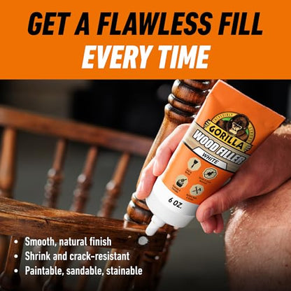 Gorilla Wood Filler, Water Resistant, White, 6 oz Tube (Pack of 6)