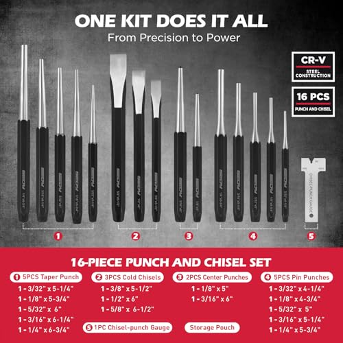 25-Piece Punch and Chisel Set with Roll Pin Punches, Includes Taper, Pin, Center Punches & Cold Chisels for Metalworking, Automotive, and Craft Use - color: 25-piece Set With Roll Pin Punches