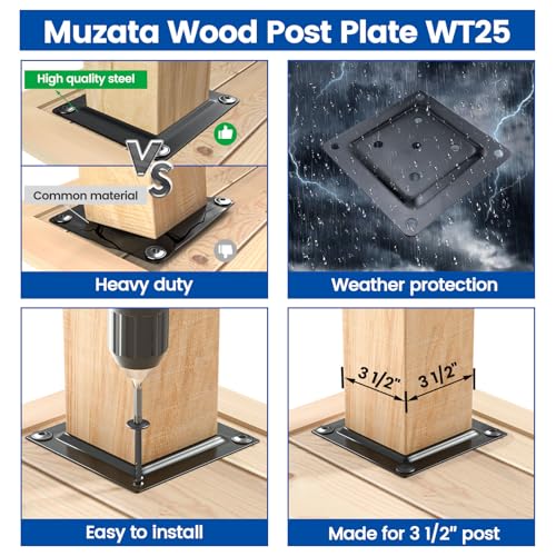 Muzata 4Pack 3.5"x3.5" Carbon Steel Wood Post Plate Connector WT25 - size: 3.5"x3.5"