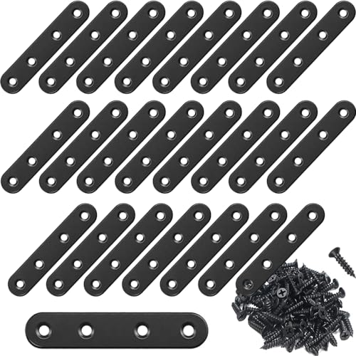 24Pcs Black Stainless Steel Flat Brace Mending Plates, Sturdy Metal Repair Fixing Joining Brackets for Wood Furniture with Screws - size: 24 Pack