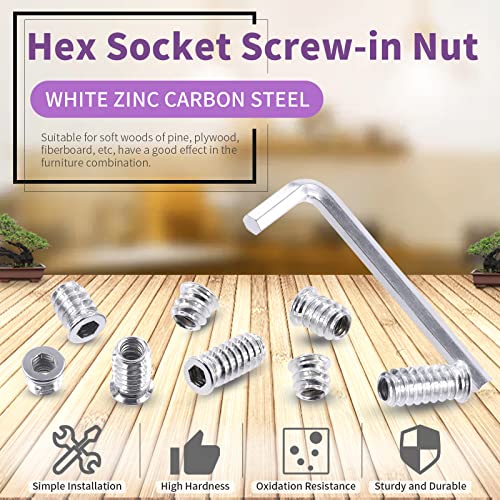 Swpeet 50Pcs 1/4" - 20 x 15mm Carbon Steel White Zinc Plated Carbon Furniture Screw in Nut Threaded Wood Inserts Threaded Inserts Bolt Fastener Connector Hex Socket (1/4" - 20 x 15mm) - size: 1/4" - 20 x 15mm