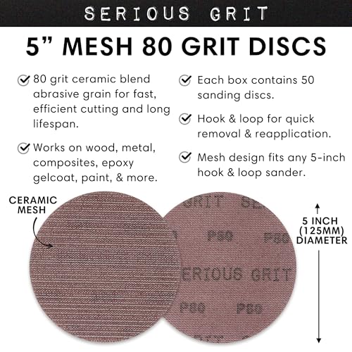 Serious Grit - 5-Inch P80 Grit Ceramic Mesh Sanding Discs - 50 Pack - style: 80 Grit