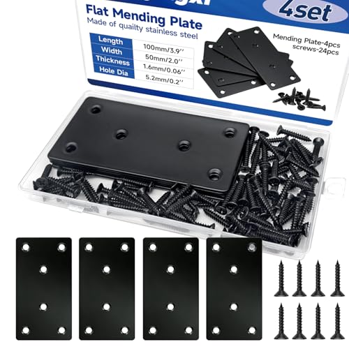 4x2'' Black Metal Straight Flat Braces Brackets for Wood Stainless Steel Mending Plate with Holes (4Set/28Pcs) YY033-50x100 - size: 50x100