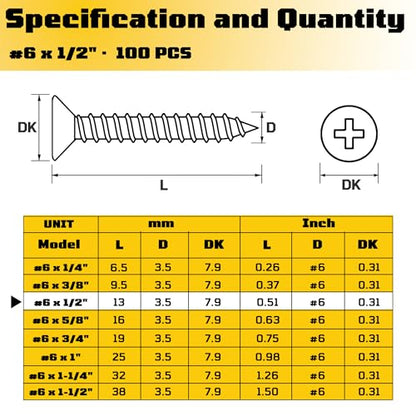 #6 x 1/2 inch Flat Head Wood Screws, 304 Stainless Steel Phillips Drywall Screws and Tapping Screws, High Hardness Screws for Drywall, Sheetrock, Wood (100 pcs) - size: #6 x 1/2"