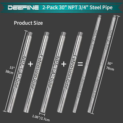 2-Pack 3/4" x 30" Steel Pipes for Pipe Clamp with Extended Design﻿ - size: 2PCS Steel Pipe + 2 PCS Extension Pipe