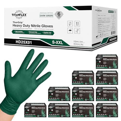 TitanFlex Heavy Duty Industrial Nitrile Gloves with Raised Diamond Texture, 6-mil, Latex Free (Dark Green/Yellow) - color: 03 Dark Green (1000ct), size: X-Large