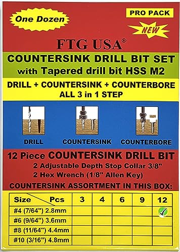 FTG USA 12 Pc #4 (7/64") Countersink Drill Bit Set with Tapered Drill Bits - size: #4, style: Same Sort 12 Pc