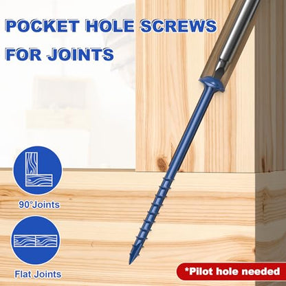 #8 Pocket Hole Screws 2-1/2 Inch, 320Pcs Coarse Thread Wood Screws, Square Drive, Washer Head, 4-Layer Coating, Drive Bit Included (Blue) - color: Blue, size: #8 x 2-1/2"