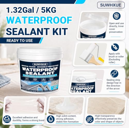 Clear Waterproof Sealant, SUWHXUE 1.32Gal/5KG Water-Based Transparent Waterproof Leak Repair Coating, Invisible Flexible Sealant for Concrete Walls Wood Metal Roof Water Sealer Indoor & Outdoor - size: 1.32 Gal