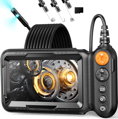 Dual Lens Endoscope Camera with Light, 1080P Borescope Inspection Camera with 5" IPS Screen, 32.8FT Semi-Rigid, 8+1 LEDs & 32GB Card, 7.9mm IP67 Waterproof Sewer Snake Cam for Car Plumbing Wall