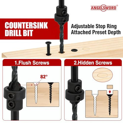 ANGELSWORD Countersink Drill Bit Set, 8PCS Tapered Drill Bits Counter Sink Drill Bit, #4, #6, #8, #10, #12, Depth Stop Ring