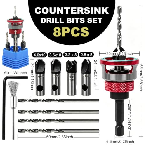 Countersink Drill Bits Set, 4PCS 4-Flute HSS M2 Bits with Depth Stop - color: CKZT026-New-Red
