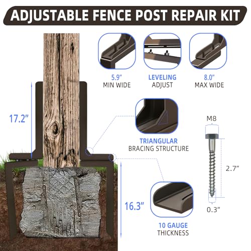Adjustable Fence Post Repair Kit Quick Easy Fix Broken Leaning Wooden Post - size: Pack of 2