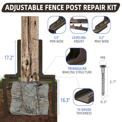 Adjustable Fence Post Repair Kit Quick Easy Fix Broken Leaning Wooden Post - size: Pack of 2