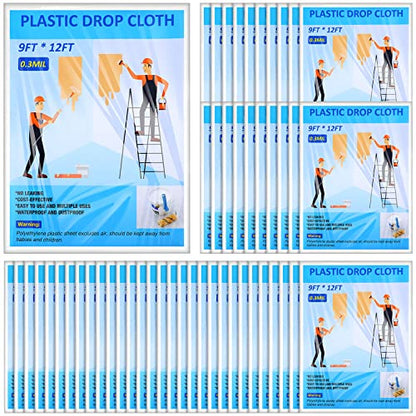 50 Pieces Plastic Drop Cloths for Painting 9 x 12 ft Paint Drop Cloth Waterproof and Dust Proof Clear Plastic Sheeting for Furniture Cover Multi Purpose Floor Wall Protection Film