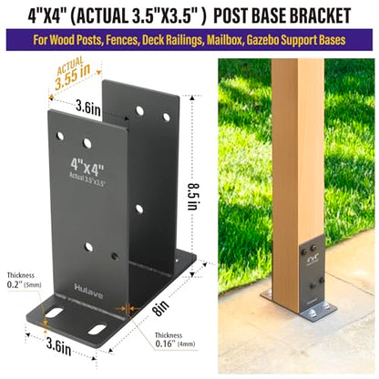 Hulave 1 Pack Stainless Steel 4" x 4" (Actual: 3.5" x 3.5") Post Base, Suitable for Terrace Railing, Fence, Mailbox, Gazebo, Porch, etc Concrete Support Anchor Base Post Anchor Bracket (Dark Gray) - size: 4"x4" (Actual 3.5"x3.5")