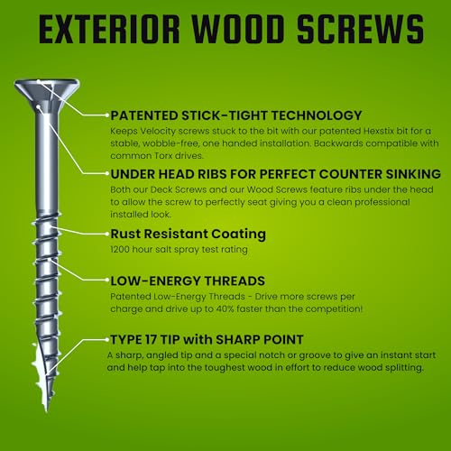 Velocity Exterior 2 Inch Wood Screws and T20 Torx Bits (Size #8) – Stick Tight Technology, Made with Carbon Steel, Includes Hexstix Bit & Storage Organizer Fence Screws for Wood (744 Pieces) - size: #8 x 2", style: 5LB Large Box