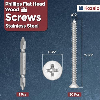 51pcs Phillips Wood Screw W/Screwdriver Bit #10x2-1/2 304 SS Silver - color: Silver, size: #10x2-1/2"