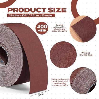 400 Grit Sandpaper Roll 3''x100 ft Long Continuous Emery Cloth Drum Sander Sand Paper Roll for Wood Furniture Finishing Metal Sanding Automotive Polishing, Wet and Dry Sanding, Aluminum Oxide - size: 400 Grit