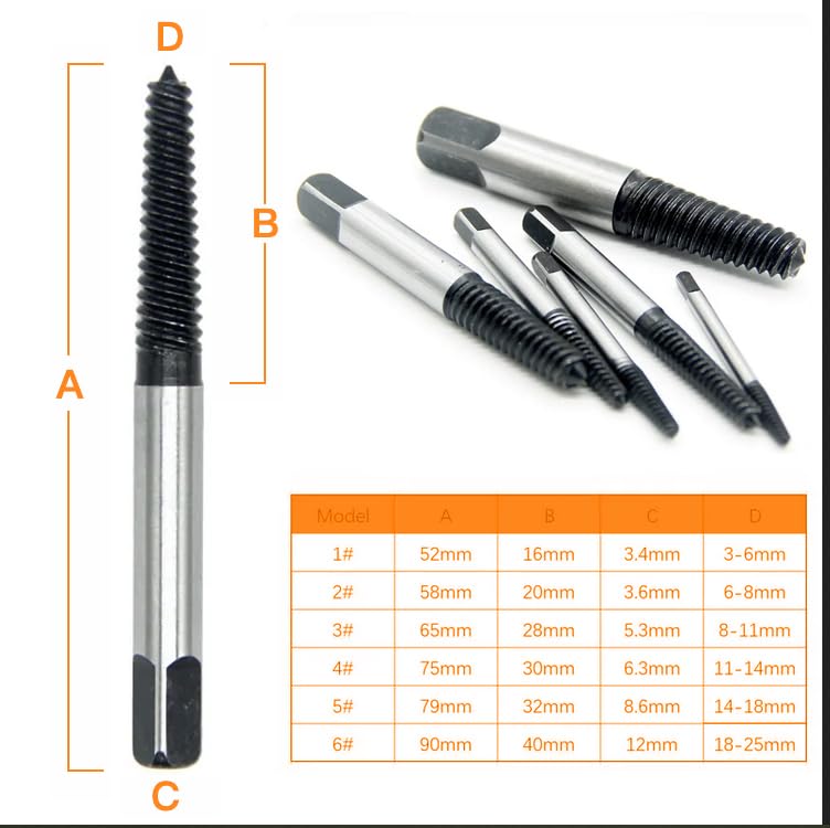 6PCs Damaged Screw Extractor Kits, Chrome-vanadium Steel Stripped Screw Extractor Broken Bolt Extractors Kit, Easy Out Damaged Bolts Remover Tool