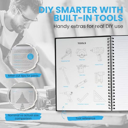 All-in-One DIY Project Notebook - Conversion Charts, Miter Angles, Bolt Sizes and Workshop Reference Guide - 120 Pages and 18 Laminated Reference Pages - Woodworking Planner