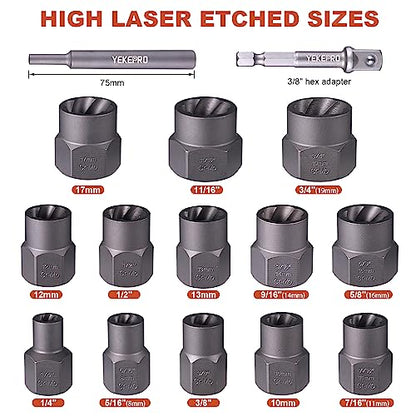 15PCS Impact Bolt & Nut Extractor Set, 3/8" Drive Extractor Socket Set - size: 15-Piece Bolt Extractor Set