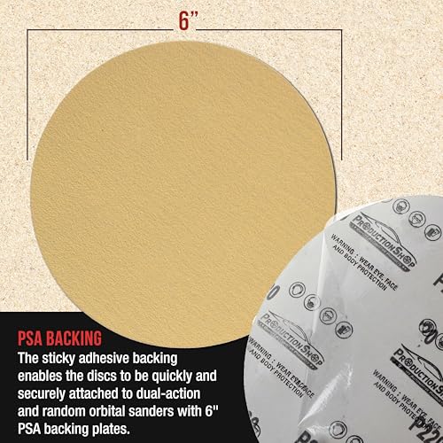 ProductionShop Premium 120 Grit 6" PSA Gold Sanding Discs, Box of 100 - Self Adhesive Stickyback Abrasive Sandpaper for DA & Random Orbital Sanders - Sand Auto Paint Metal, Wood Woodworking Furniture - style: 120 Grit