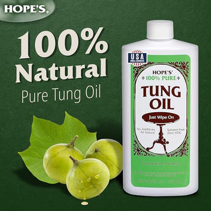 HOPE'S 100% Pure Tung Oil, Food Safe, Premium Waterproof Natural Wood Finish and Sealer for Indoor and Outdoor Projects,16 Fl Oz, 2 Pack