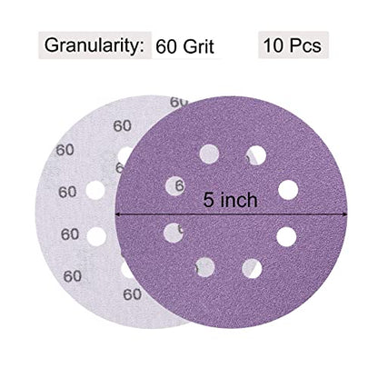 uxcell 10Pcs 5-Inch Purple Sanding Discs 60 Grits 8 Hole Hook and Loop Professional Aluminum Oxide Sand Paper Wet Dry Polish for Wood Metal Paint Finish - style: 60 Grit
