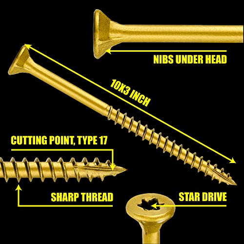 #10 x 3’’ Wood Screws by Grindy (200pack/3.3LBS) – Self-Drilling Deck Screws I Rust Resistant I Quick Drive & Fast Grip I for Cabinet, Furniture & Other Projects I T25 Star Drive I Bit Included - color: Golden Ruspert, size: #10 x 3"