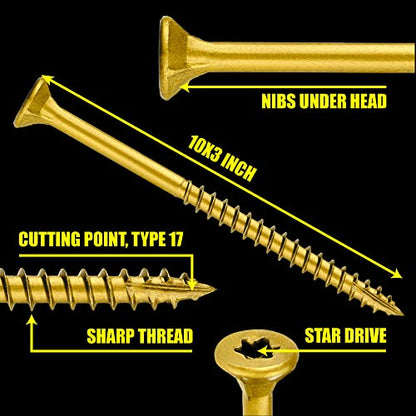 #10 x 3 Wood Screws by Grindy (400pack/6.6LBS) – DIY Deck Screws for Cabinet, Furniture & Other Projects – 1500H Golden Ruspert Treatment – for Indoor & Outdoor Use - size: #10 x 3"